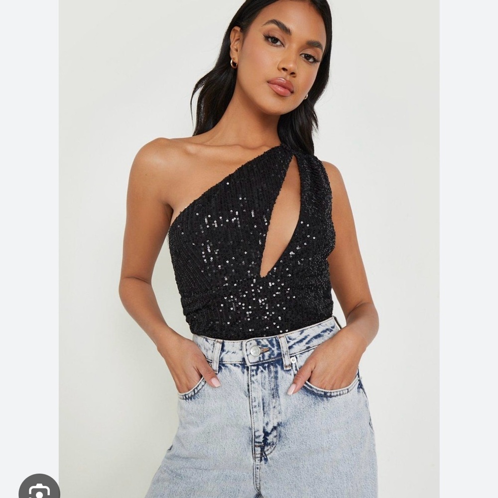 Black Sequin One-Shoulder Top - BOOHOO brand
